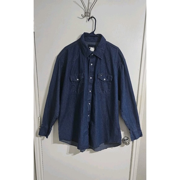 Wrangler Denim Shirt Women XXL Blue Western Pearl Snap Cowgirl Country Dark Wash - Picture 1 of 10